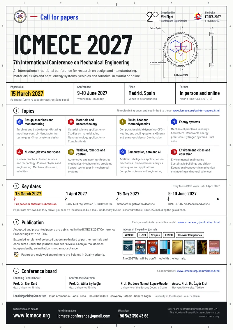 ICMECE 2027 call for papers poster: topics, key dates, publication and the conference board